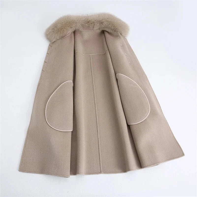 Pudi Women Winter Real Fox Fur Coat Jacket Female Lady Over Size Wool Blends Parka Trench Cape Z21186
