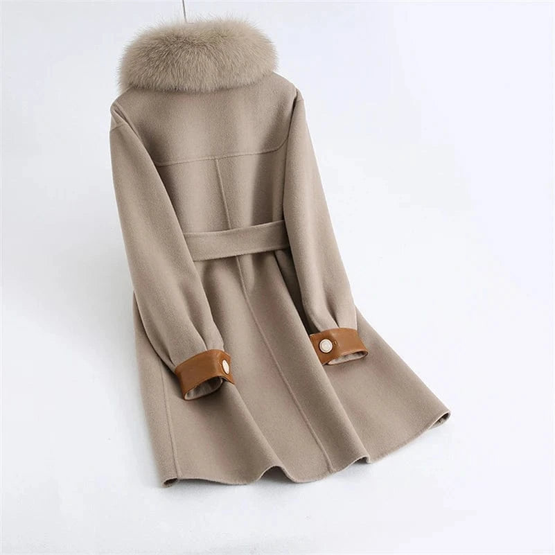 Pudi Women Winter Real Fox Fur Coat Jacket Female Lady Over Size Wool Blends Parka Trench Cape Z21186