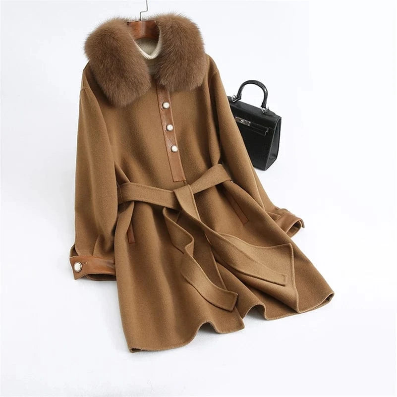 Pudi Women Winter Real Fox Fur Coat Jacket Female Lady Over Size Wool Blends Parka Trench Cape Z21186