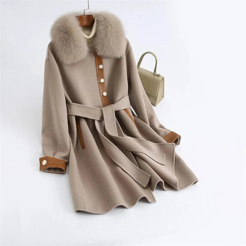 Pudi Women Winter Real Fox Fur Coat Jacket Female Lady Over Size Wool Blends Parka Trench Cape Z21186