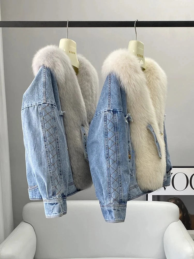 PUDI Women Winter Warm Duck Down Jeans Coat New Female Real Fox Fur Collar Jackets CT2108