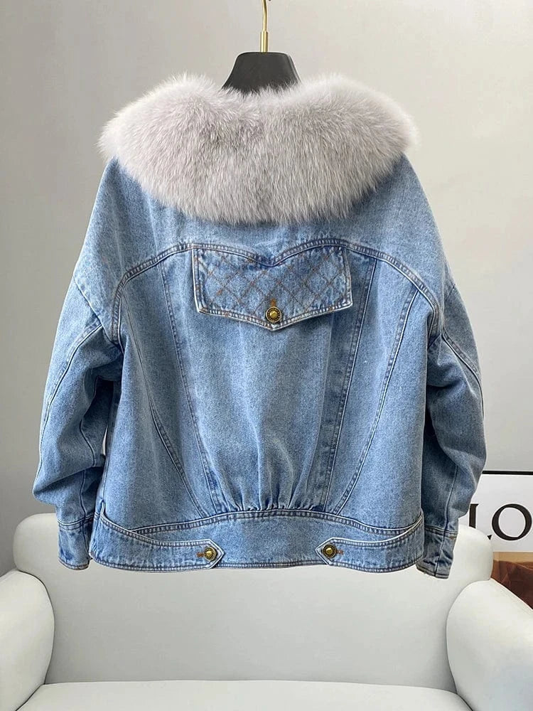 PUDI Women Winter Warm Duck Down Jeans Coat New Female Real Fox Fur Collar Jackets CT2108