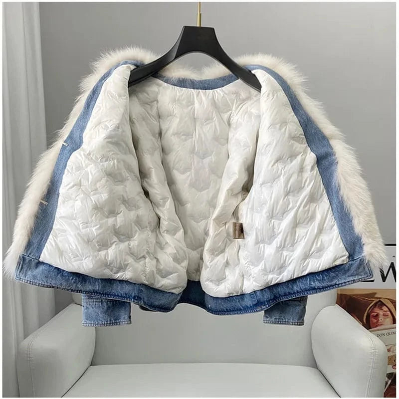 PUDI Women Winter Warm Duck Down Jeans Coat New Female Real Fox Fur Collar Jackets CT2108