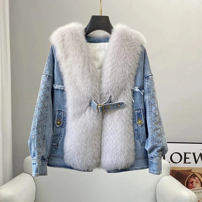 PUDI Women Winter Warm Duck Down Jeans Coat New Female Real Fox Fur Collar Jackets CT2108