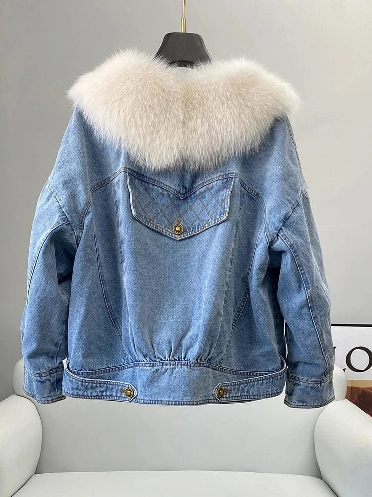 PUDI Women Winter Warm Duck Down Jeans Coat New Female Real Fox Fur Collar Jackets CT2108