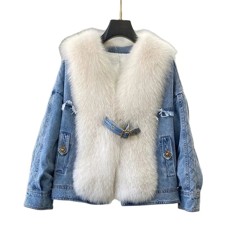 PUDI Women Winter Warm Duck Down Jeans Coat New Female Real Fox Fur Collar Jackets CT2108