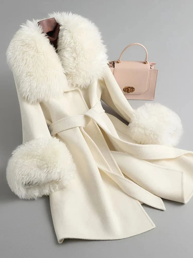 PUDI Women Wool Fur Coat Jacket Female Winter Real Sheep Collar Trench Parka CT175