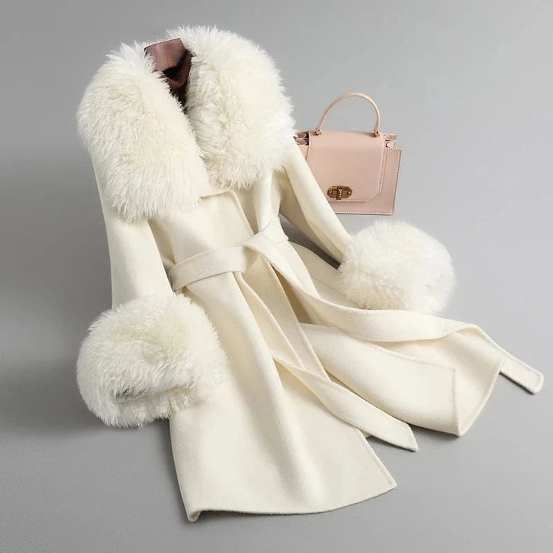PUDI Women Wool Fur Coat Jacket Female Winter Real Sheep Collar Trench Parka CT175