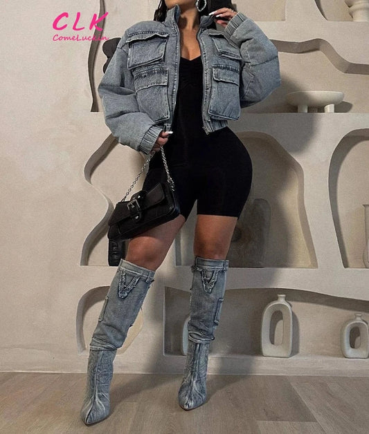 Puffer Denim Jackets Crop Bubble Crop Coats Y2k Streetwear Clothes 2023 Women Cropped Bubble Coat