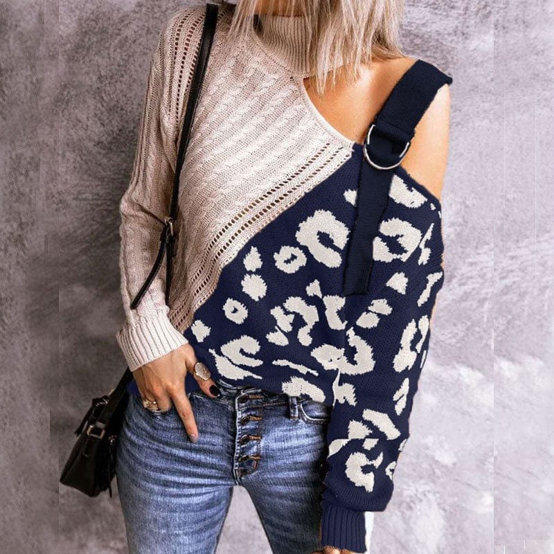 Pullover Fashion High Collar Knitwear Color-Blocking Leopard Print Turtleneck Off-The-Shoulder Sweater European American