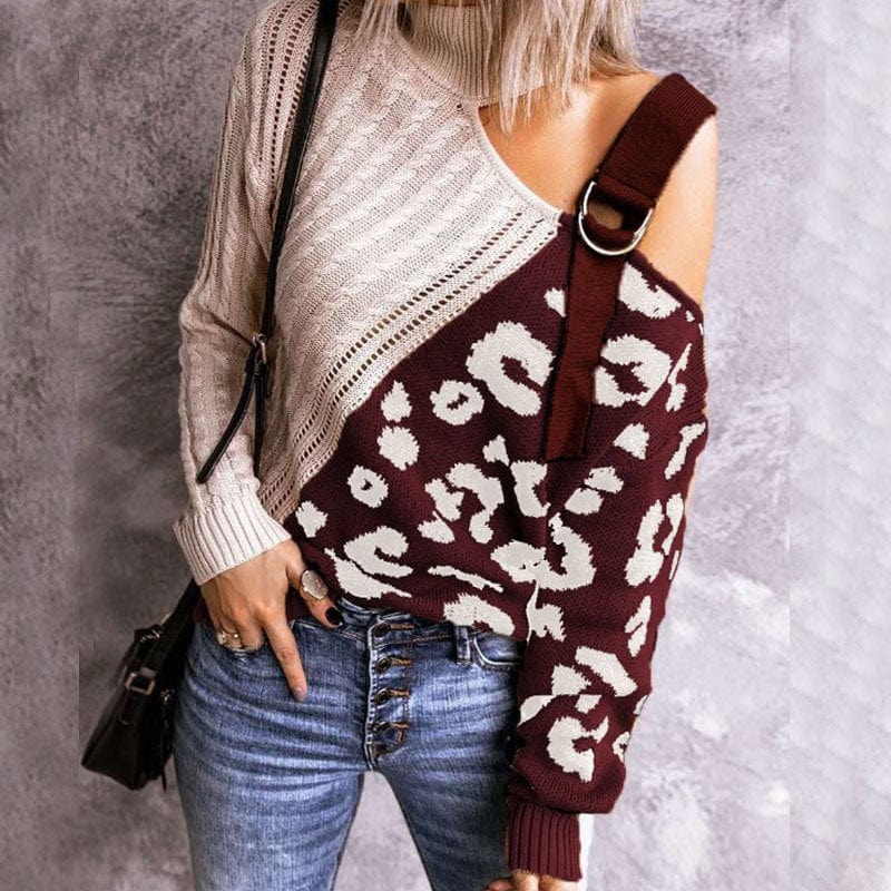 Pullover Fashion High Collar Knitwear Color-Blocking Leopard Print Turtleneck Off-The-Shoulder Sweater European American