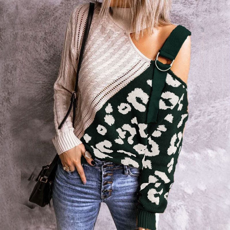 Pullover Fashion High Collar Knitwear Color-Blocking Leopard Print Turtleneck Off-The-Shoulder Sweater European American