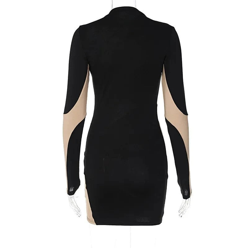 Pullover Round Neck Long Sleeve Sexy Versatile Color Matching Mesh Splice Perspective Tight Women Short Dress 2023