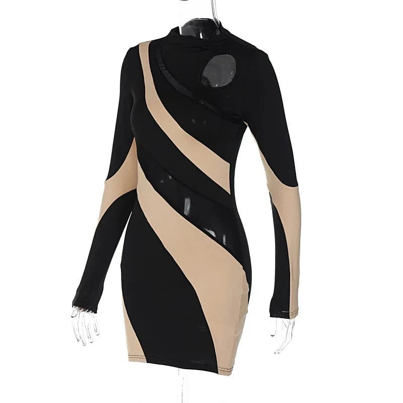 Pullover Round Neck Long Sleeve Sexy Versatile Color Matching Mesh Splice Perspective Tight Women Short Dress 2023