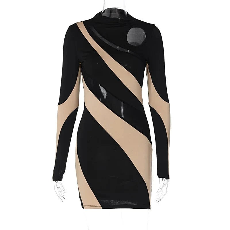 Pullover Round Neck Long Sleeve Sexy Versatile Color Matching Mesh Splice Perspective Tight Women Short Dress 2023