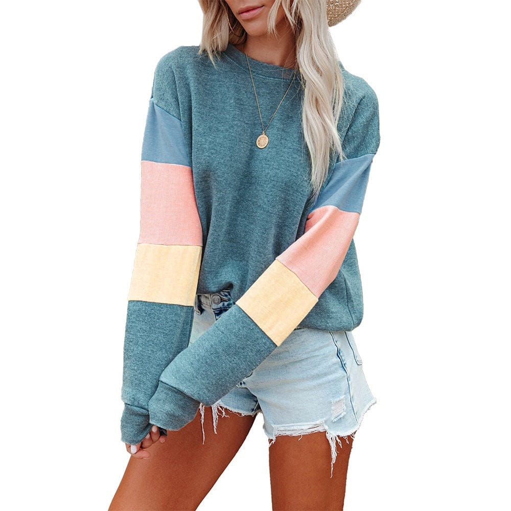 Pullover Sweater For Women New Round Neck Long Sleeve Contrast Color Fashion T-Shirt