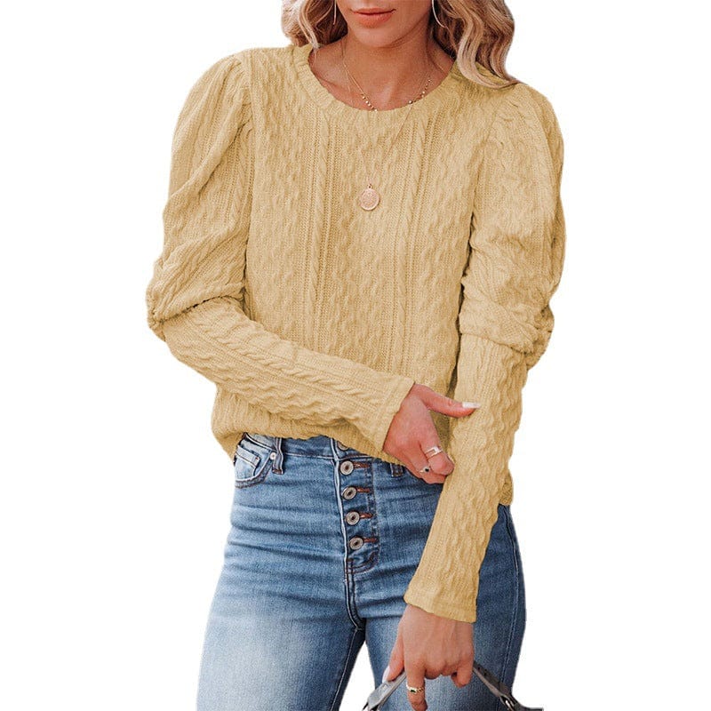 Pullover Women's European American New Solid Color Round Neck Gigot Sleeve Top Sweater Women