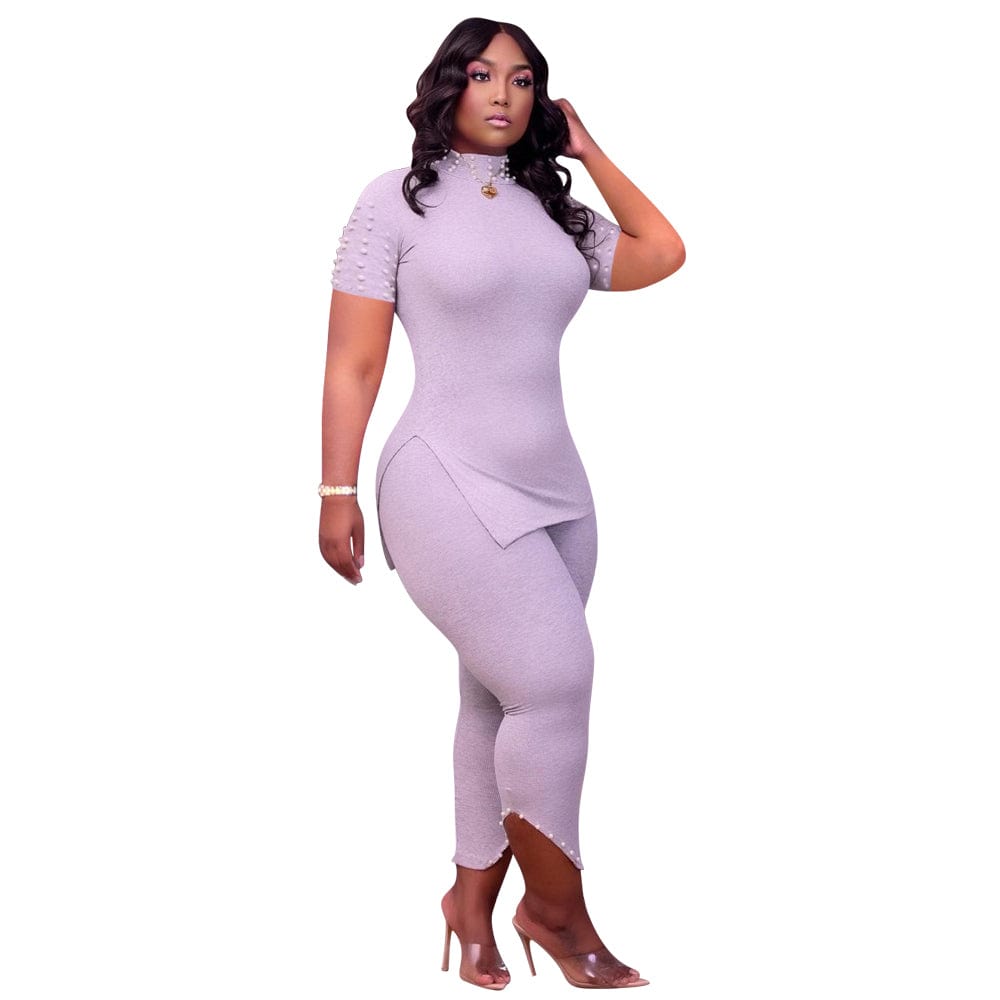 Pure color beaded casual slits plus size short sleeve two-piece suit 2022 new arrivals