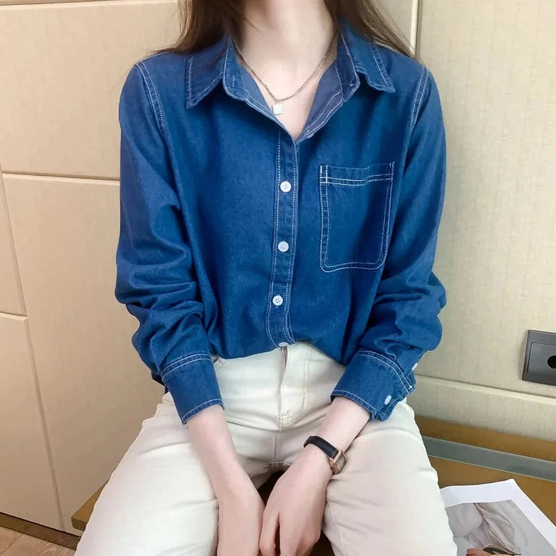 Pure Cotton Denim shirt 2023 New Loose slimming Casual retro All-match Fashion Long-sleeved Shirt for women