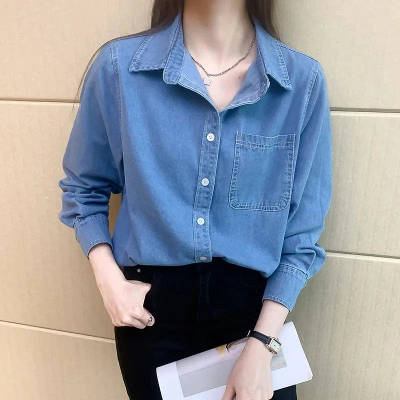 Pure Cotton Denim shirt 2023 New Loose slimming Casual retro All-match Fashion Long-sleeved Shirt for women
