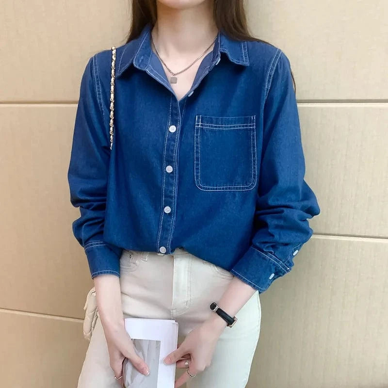 Pure Cotton Denim shirt 2023 New Loose slimming Casual retro All-match Fashion Long-sleeved Shirt for women
