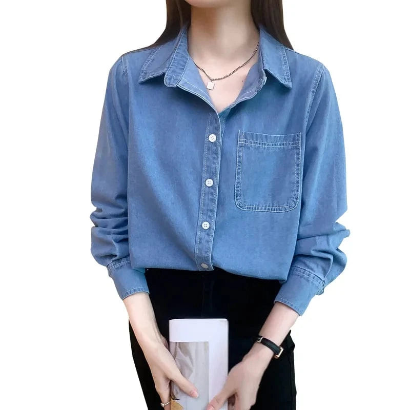 Pure Cotton Denim shirt 2023 New Loose slimming Casual retro All-match Fashion Long-sleeved Shirt for women