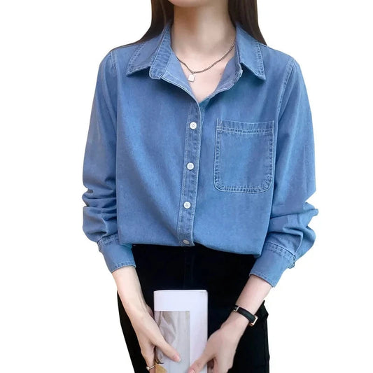 Pure Cotton Denim shirt 2023 New Loose slimming Casual retro All-match Fashion Long-sleeved Shirt for women