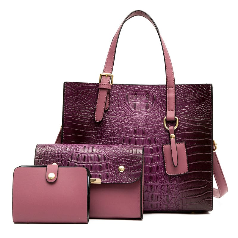 Purple Crocodile Pattern Shoulder Handbag Soft Leather Tote Bag Luxury Handbag Sets 3 Pieces Lady Hand Bags