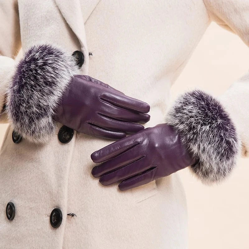 Purple Fashion purple smartphone fleece rex rabbit fur cow split leather gloves for woman