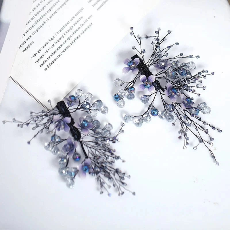 Purple Fashion Wedding Crystal Hairpin Earrings Set Hand-knitted Bridal Tiara Wedding Dress Accessories Jewelry Set