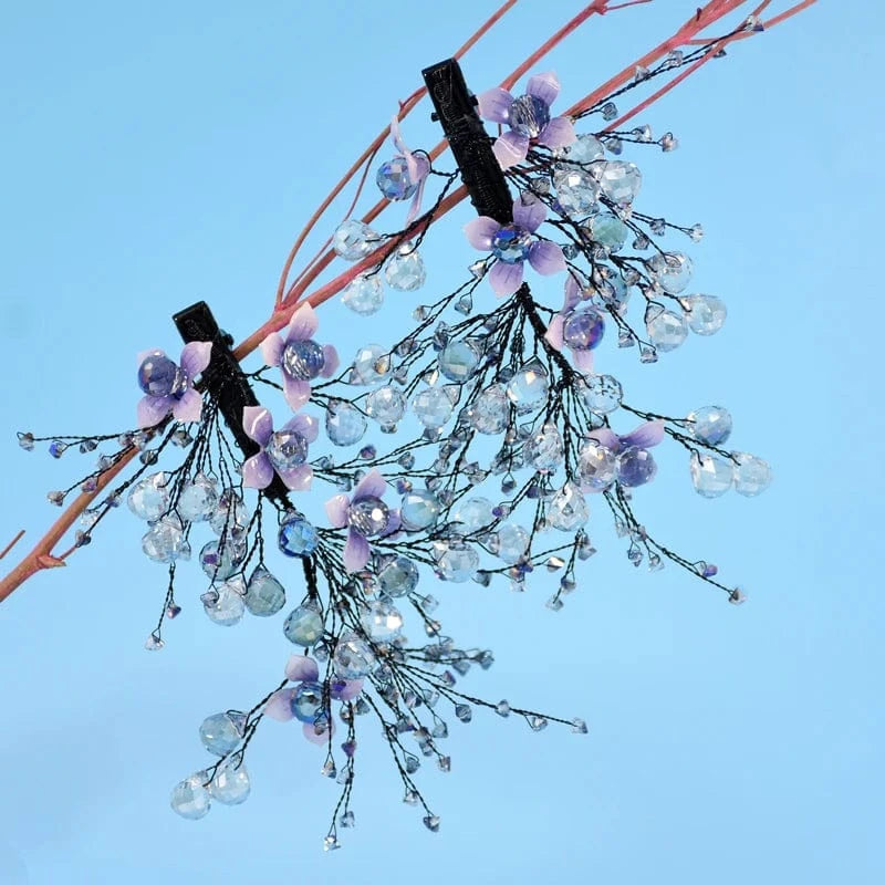 Purple Fashion Wedding Crystal Hairpin Earrings Set Hand-knitted Bridal Tiara Wedding Dress Accessories Jewelry Set