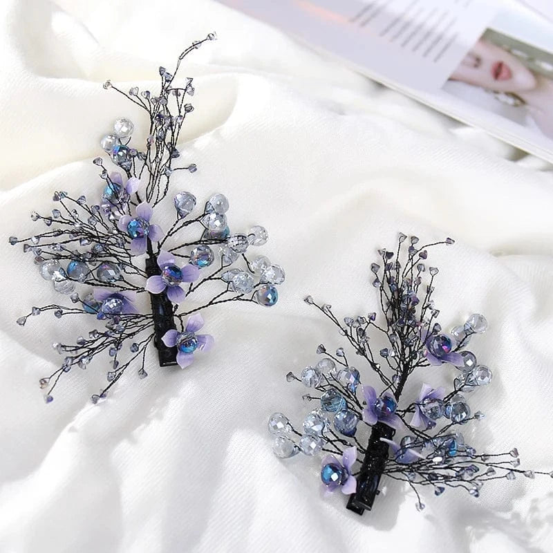 Purple Fashion Wedding Crystal Hairpin Earrings Set Hand-knitted Bridal Tiara Wedding Dress Accessories Jewelry Set