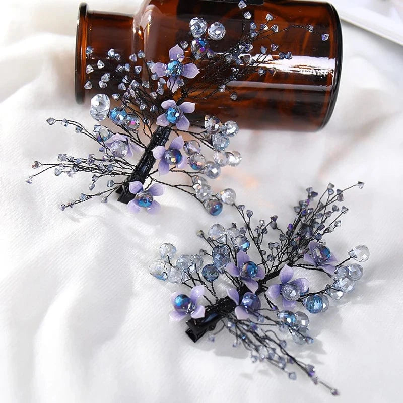 Purple Fashion Wedding Crystal Hairpin Earrings Set Hand-knitted Bridal Tiara Wedding Dress Accessories Jewelry Set