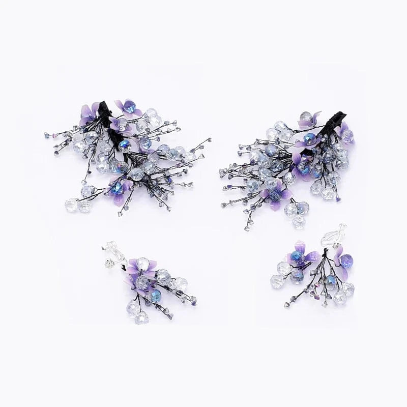 Purple Fashion Wedding Crystal Hairpin Earrings Set Hand-knitted Bridal Tiara Wedding Dress Accessories Jewelry Set