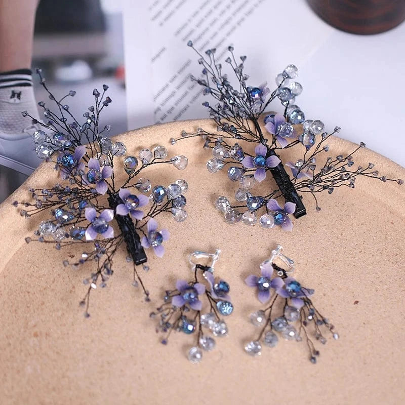 Purple Fashion Wedding Crystal Hairpin Earrings Set Hand-knitted Bridal Tiara Wedding Dress Accessories Jewelry Set