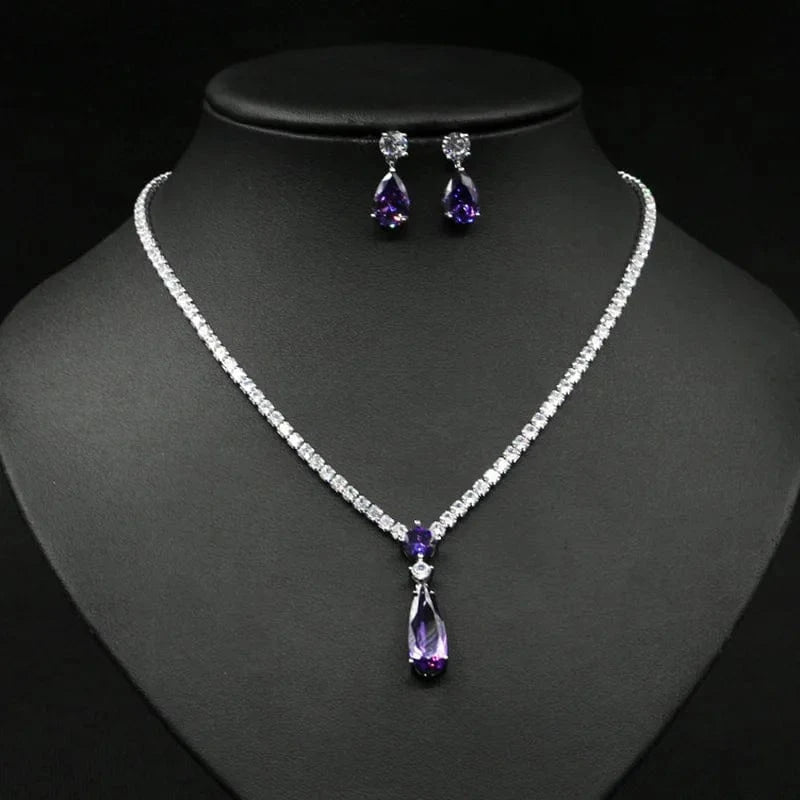 Purple Luxury Colorful Zircon Water Drop Charm Necklace Silver Needle Drop Earring Women Fashion Bridal Wedding Jewelry Set Mother Gift