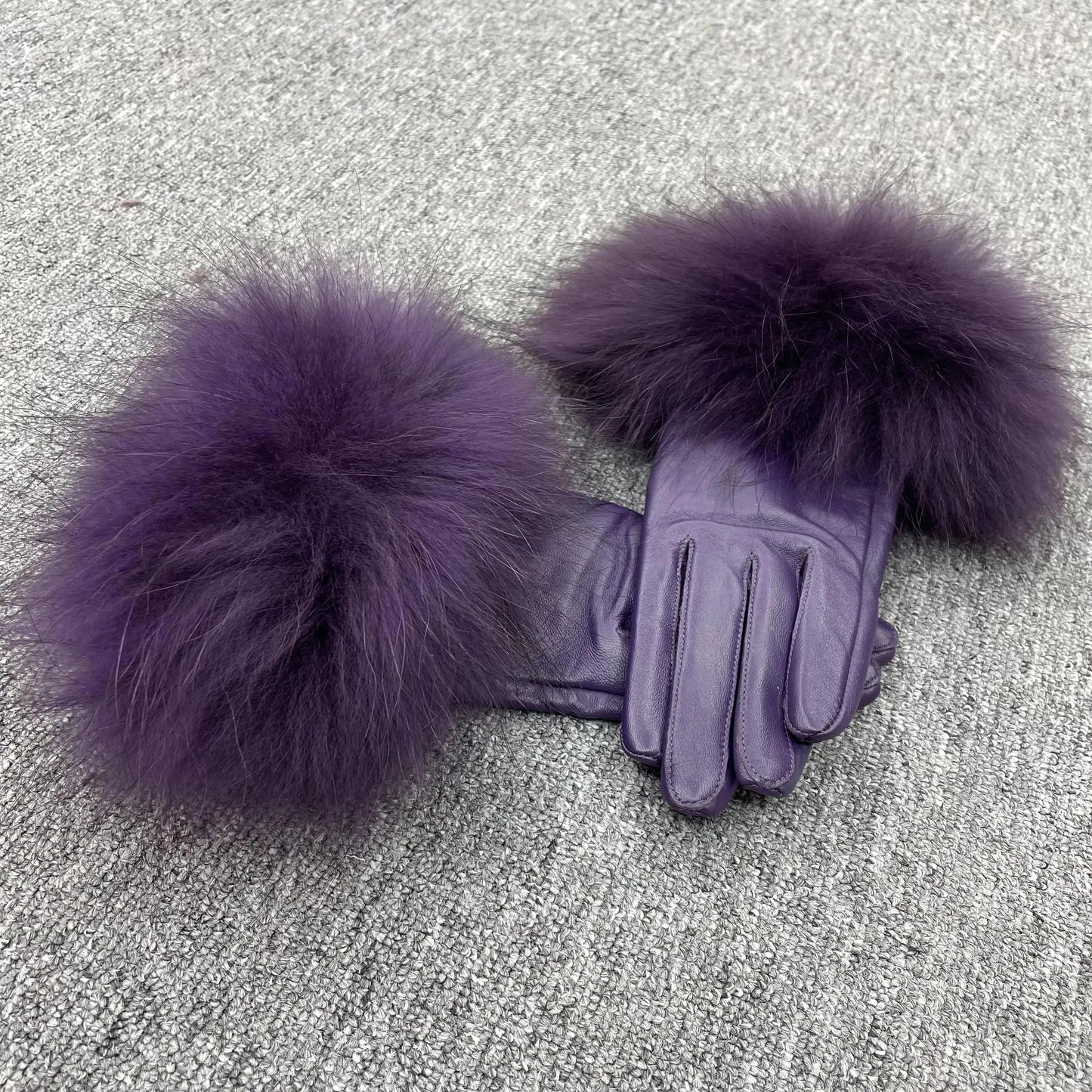 Purple Modern Style Beautiful Design Colorful Raccoon Fur Cuff Genuine Leather Gloves For Women