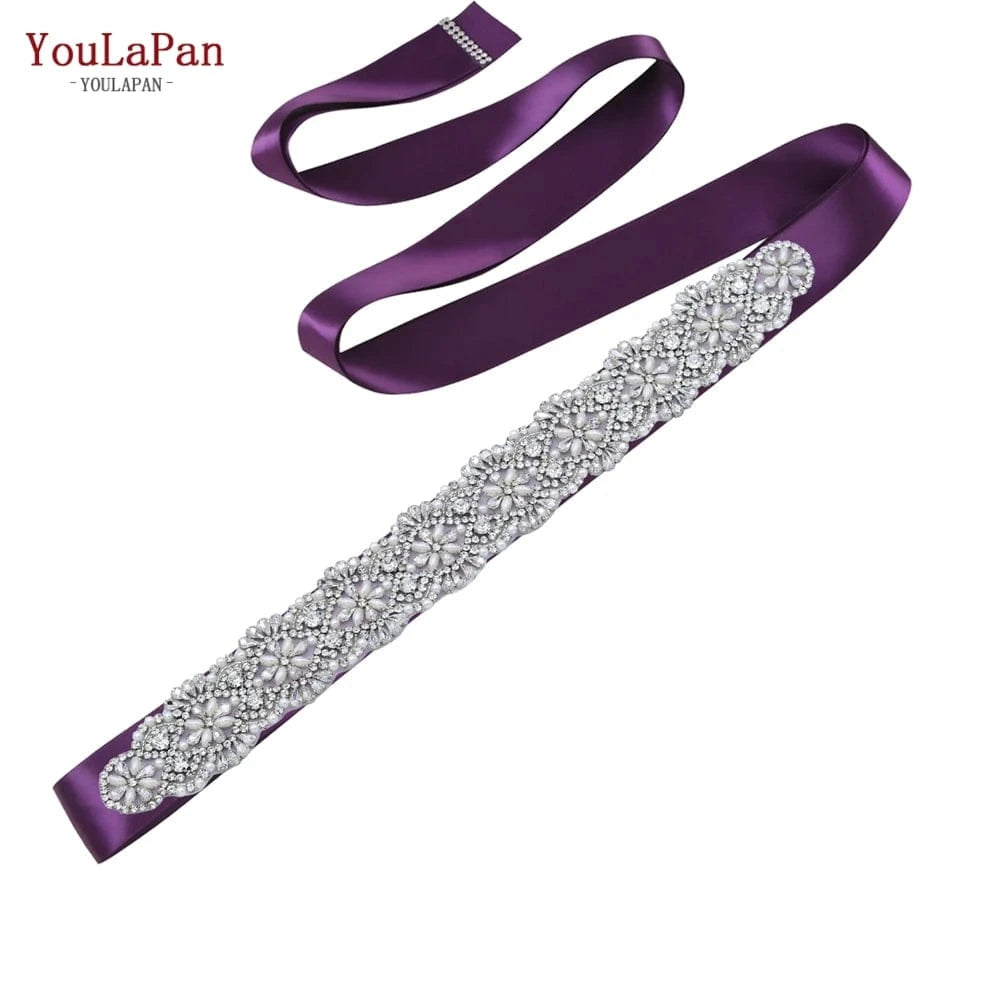 Purple Ribbon YouLaPan S04C Rhinestone Party Dress Belt Luxury Bridal Sash Ribbon For Ladies Evening Dress Bridal Jewelry Belt