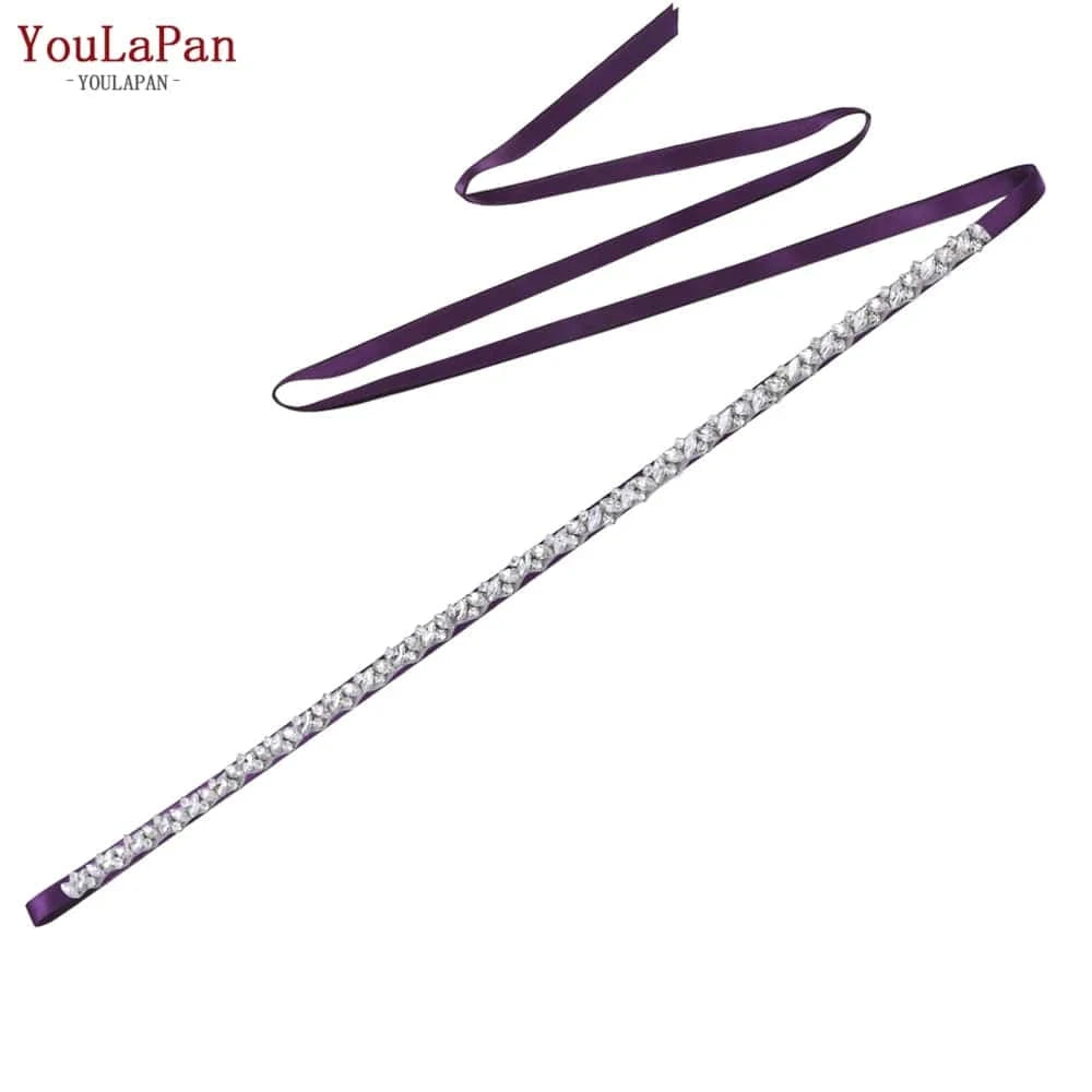 Purple  Ribbon YouLaPan S404 Modern Design Hot Sale Women Dress Belt Silver Rhinestone Thin Belt Bridal Wedding Dress Waist Jewelry