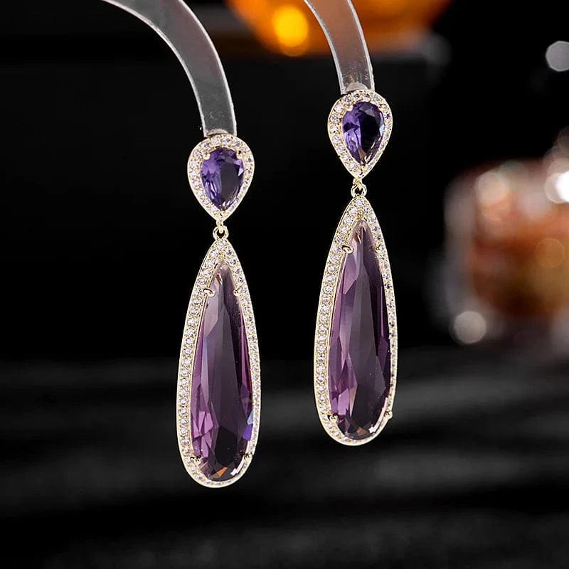 Purple Wholesale Luxury Long Drop Earrings for Women Glass Oval Crystal Engagement S925 Silver Needle Colorful Zircon Fashion Jewelry