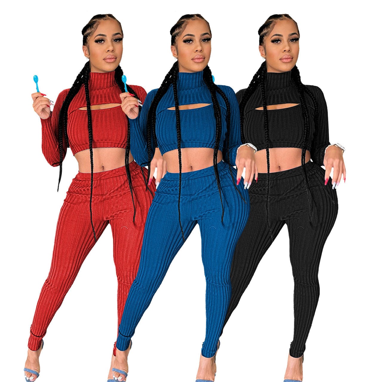 Q22M8267 Fall Winter Ribbed Tight Two Piece Pants Set Women Clothing Hollow Out Crop Top 2 Piece Set