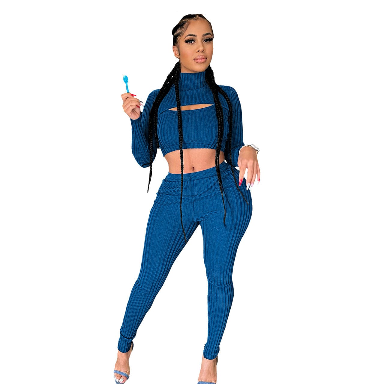 Q22M8267 Fall Winter Ribbed Tight Two Piece Pants Set Women Clothing Hollow Out Crop Top 2 Piece Set