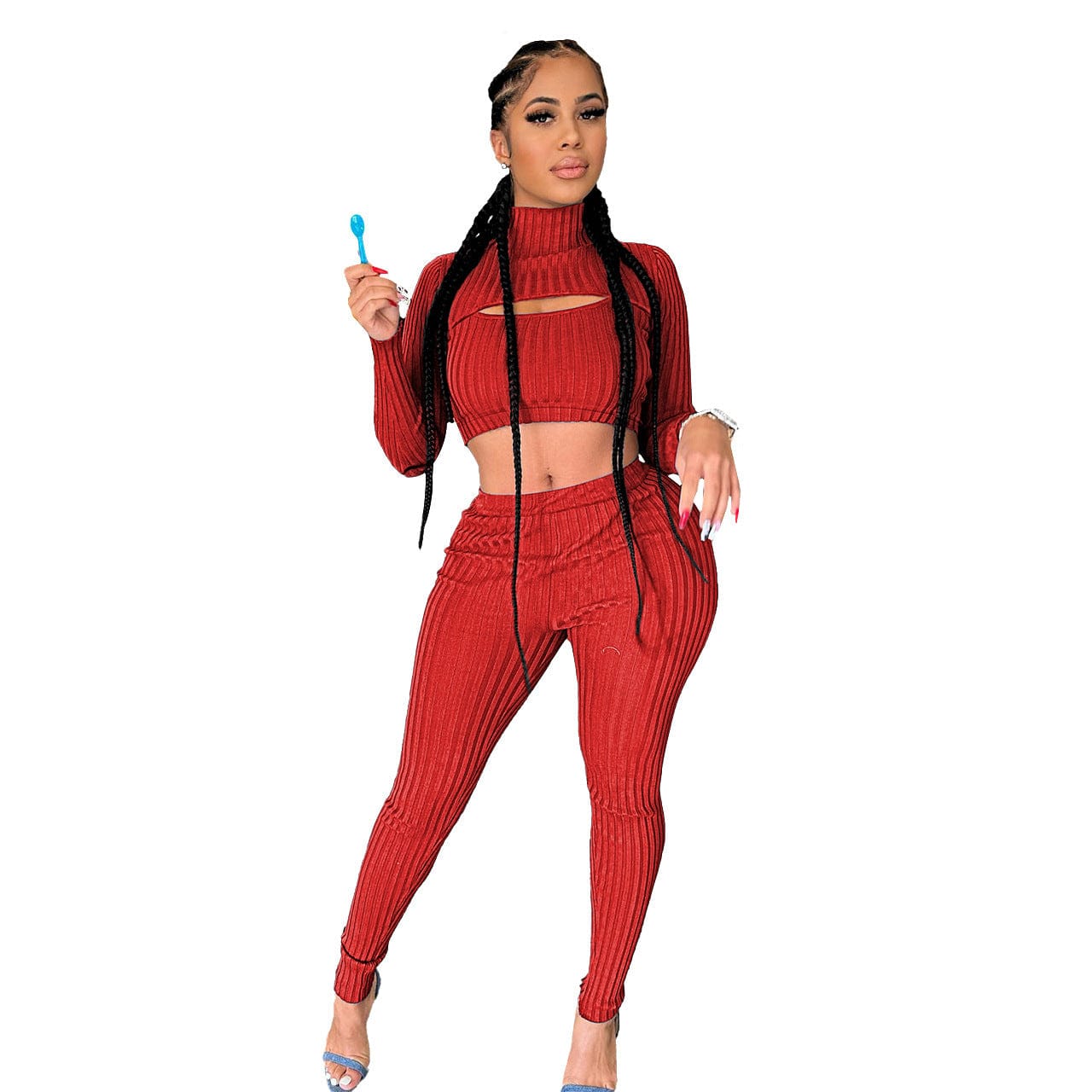 Q22M8267 Fall Winter Ribbed Tight Two Piece Pants Set Women Clothing Hollow Out Crop Top 2 Piece Set