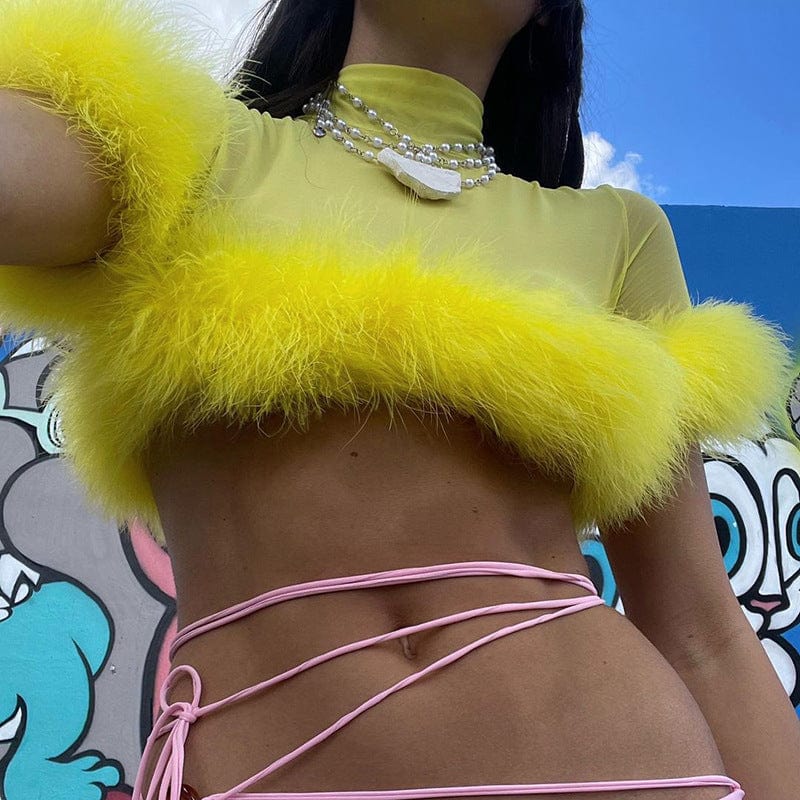 Q22TP396  Spring Trendy Solid Color Round Neck Feather Sleeve Mesh Short Crop Top Shirts High Street Wear