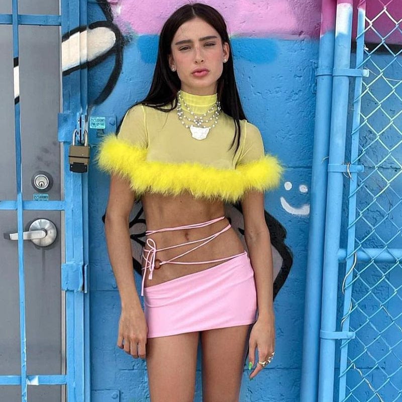 Q22TP396  Spring Trendy Solid Color Round Neck Feather Sleeve Mesh Short Crop Top Shirts High Street Wear