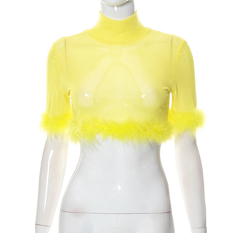 Q22TP396  Spring Trendy Solid Color Round Neck Feather Sleeve Mesh Short Crop Top Shirts High Street Wear