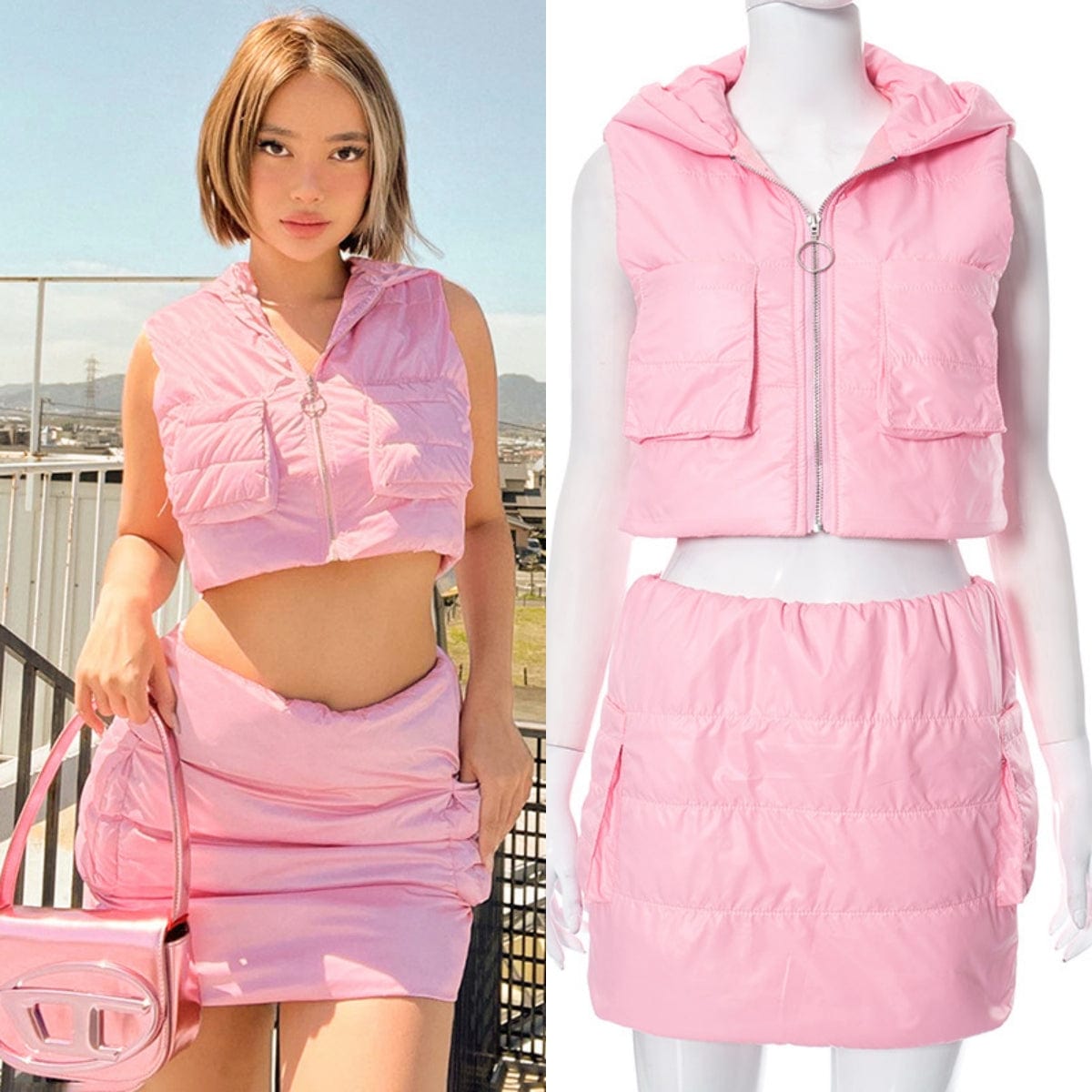 Q23st385 Autumn Women's Cotton Set Solid Hoodie Zipper Sleeveless Skinny Crop Top Pockets Mini Skirt 2pcs Set For Woman