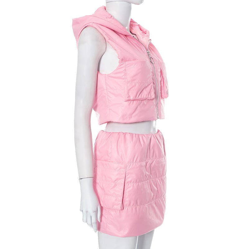 Q23st385 Autumn Women's Cotton Set Solid Hoodie Zipper Sleeveless Skinny Crop Top Pockets Mini Skirt 2pcs Set For Woman