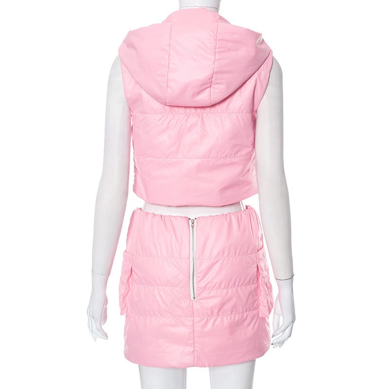 Q23st385 Autumn Women's Cotton Set Solid Hoodie Zipper Sleeveless Skinny Crop Top Pockets Mini Skirt 2pcs Set For Woman