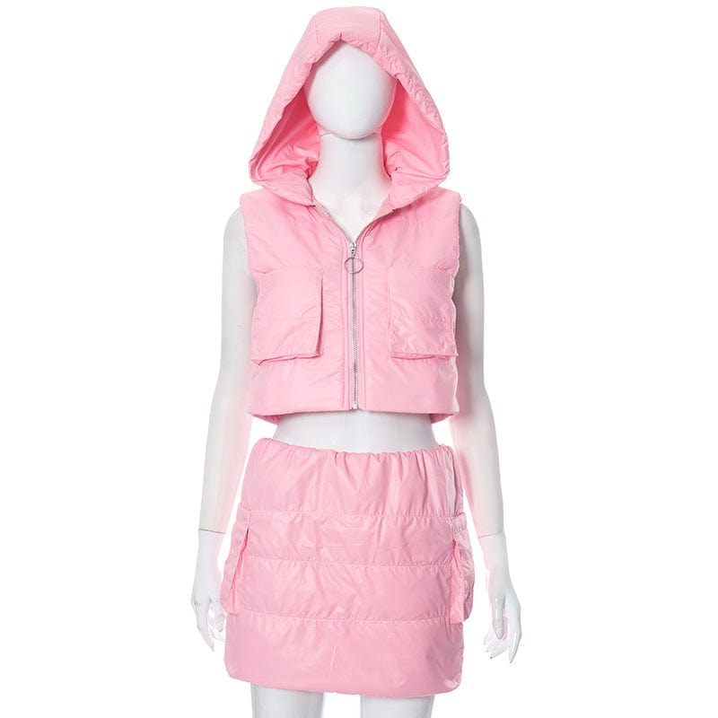 Q23st385 Autumn Women's Cotton Set Solid Hoodie Zipper Sleeveless Skinny Crop Top Pockets Mini Skirt 2pcs Set For Woman